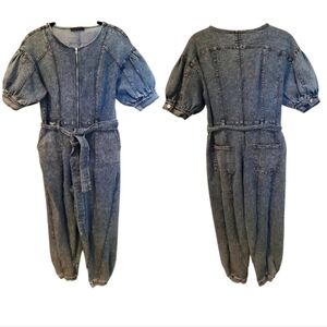 Wmns S  Denim Jumpsuit Balloon Sleeves Banded Ankles Casual Contemporary